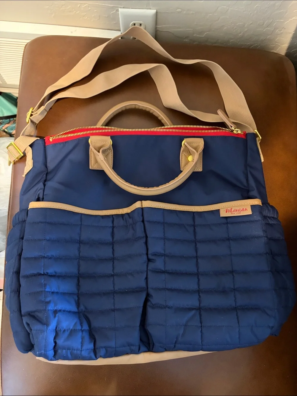 JoJo Maman Bebe Navy Quilted Tote with Beige Straps and Red Zip Accent